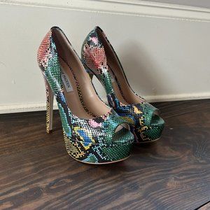 Steve Madden Size 7 Colorful Snake Skin Peep Toe High Heels